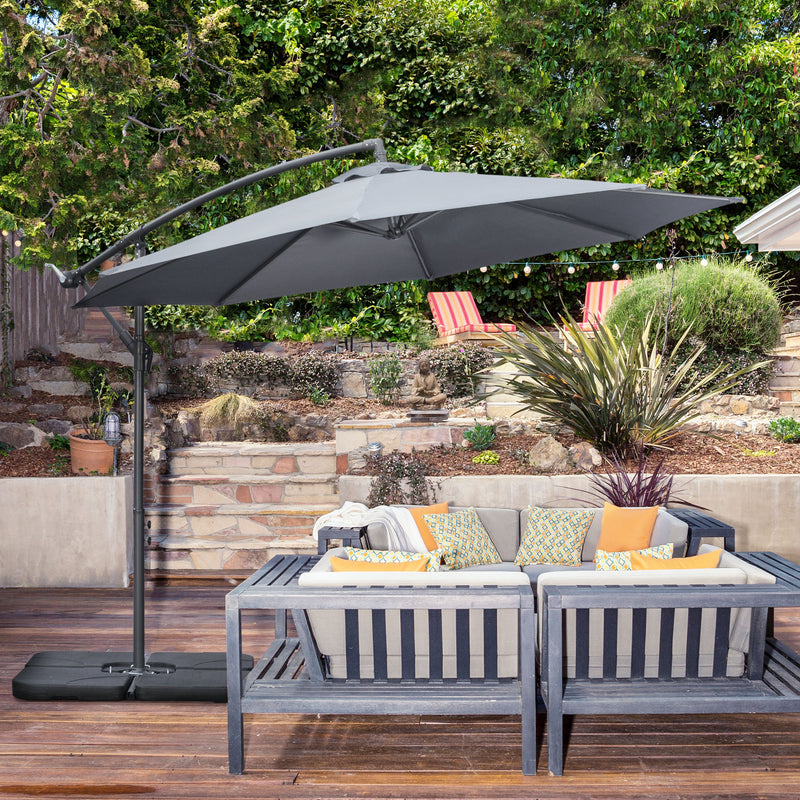 Outsunny 3(m) Banana Parasol Cantilever Umbrella Garden w/ Base Weights, Grey