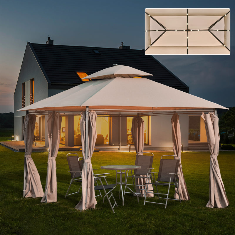 Outsunny 4 x 3(m) Outdoor Gazebo Canopy Garden Pavilion w/ LED Solar Light Khaki