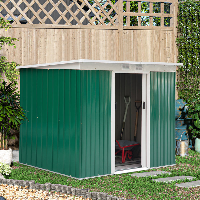 Outsunny 9 x 4FT Outdoor Metal Frame Garden Storage Shed w/ 2 Door, Dark Green