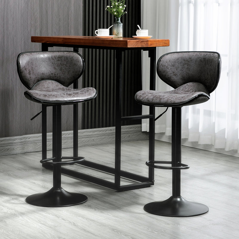 HOMCOM Bar Stool Set of 2 PU Leather Adjustable Height Armless Chairs Dark Grey