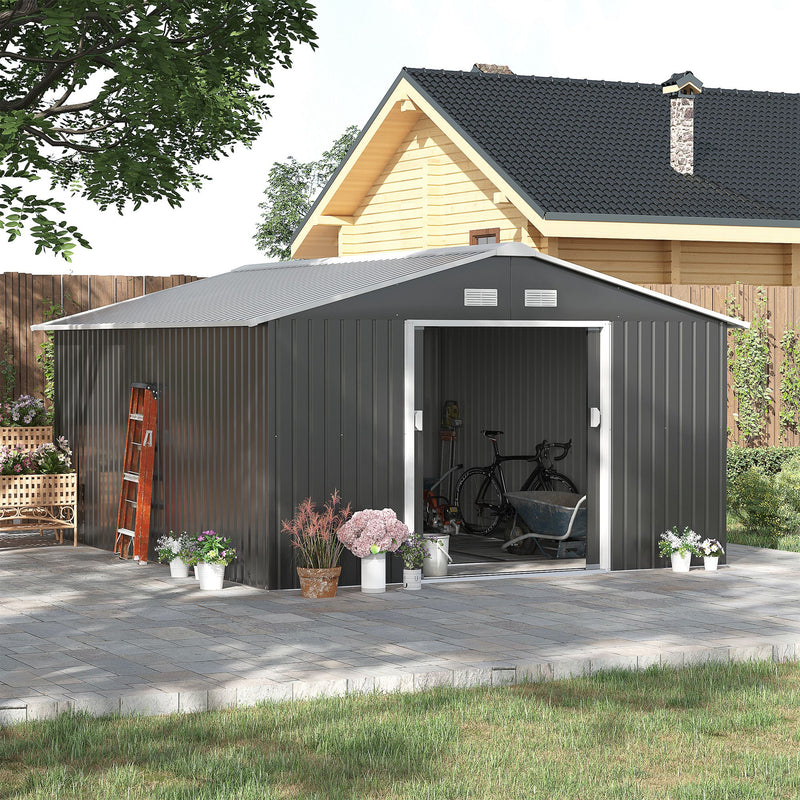 Outsunny 13 X 11ft Outdoor Garden Storage Shed w/2 Doors Galvanised Metal Grey