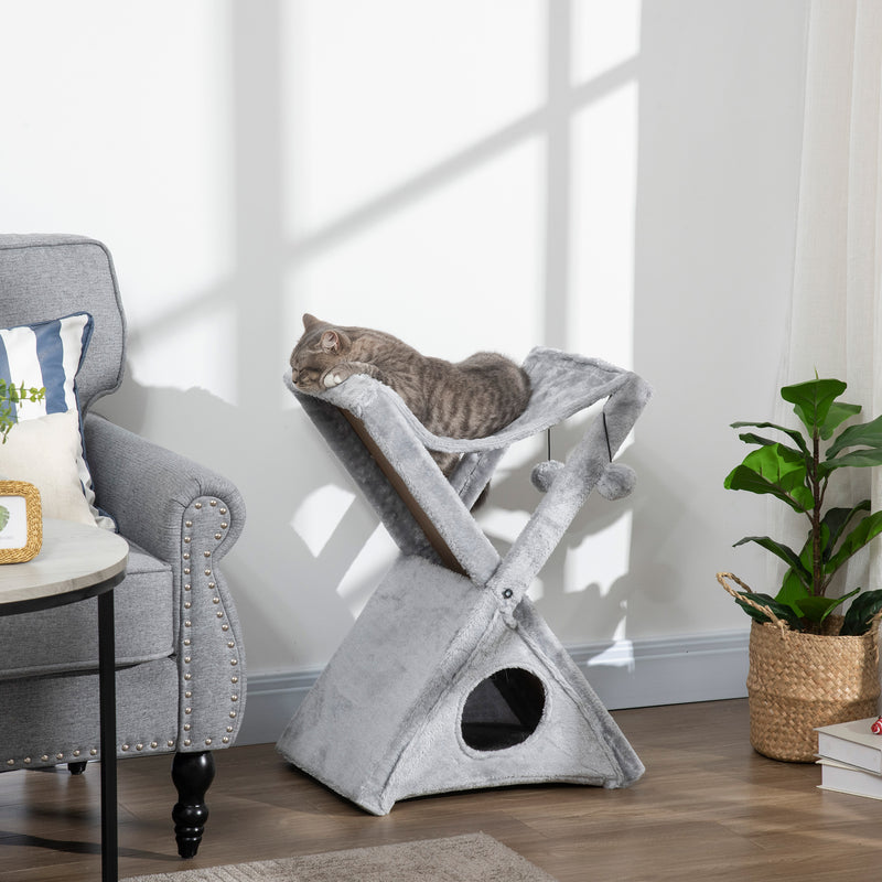 PawHut Plush Folding Cat Tree Play Rest Activity Tower w/ Scratching Post Grey