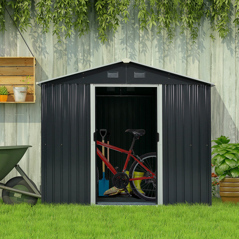 Outsunny 8 x 6ft Garden Storage Shed with Double Sliding Door Outdoor Grey