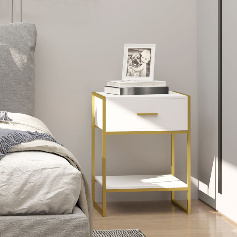 HOMCOM Modern Bedside Table Side Table Nightstand w/ Drawer Shelf White Gold