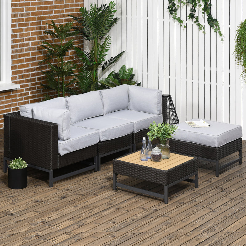 Outsunny Rattan Corner Sofa, Rattan Garden Furniture Wood Grain Plastic Table