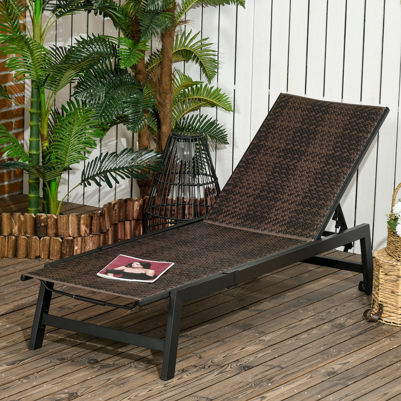 Outsunny Outdoor PE Rattan Sun Loungers w/ 5-Position Backrest & Wheels, Brown