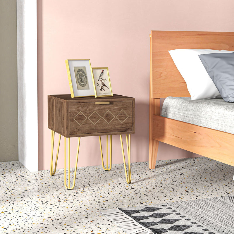 HOMCOM Bedside Table with Drawer, Gold Metal Legs for Living Room Bedroom