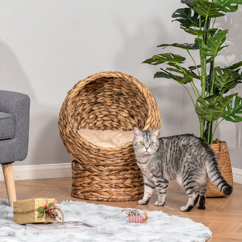 PawHut Wicker Cat House, Raised Cat Bed with Cylindrical Base, 50 x 42 x 60 cm