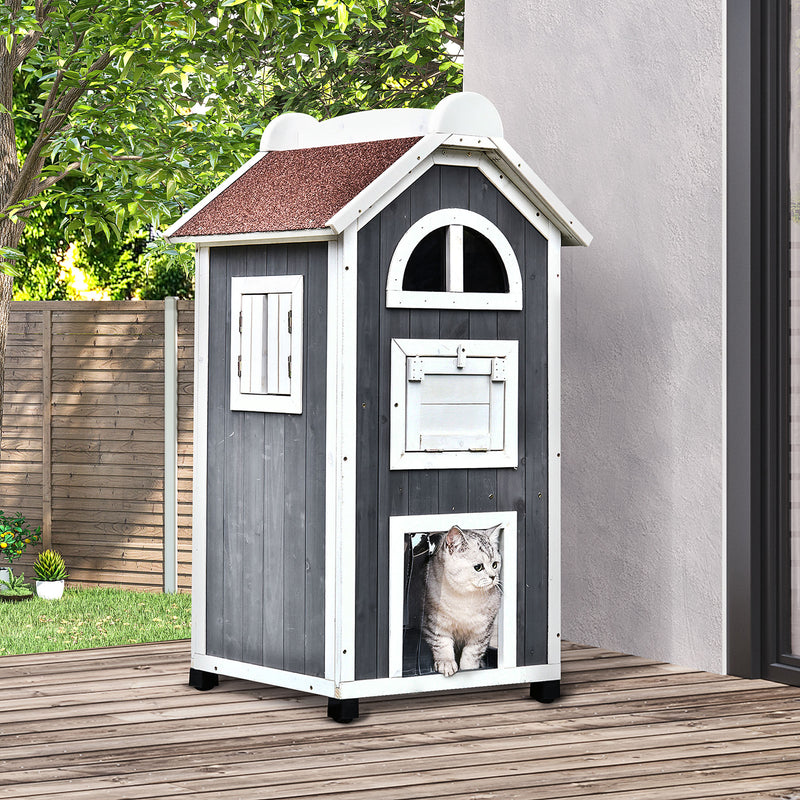 PawHut Wooden Cat House Condos Cat Cave 2 Floor Pet Shelter Outdoor Furniture