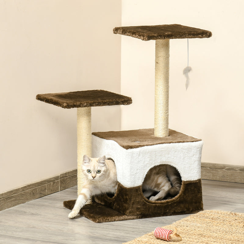 PawHut Cat Tree w/ Sisal Scratching Posts, House, Perches, Toy Mouse - Brown