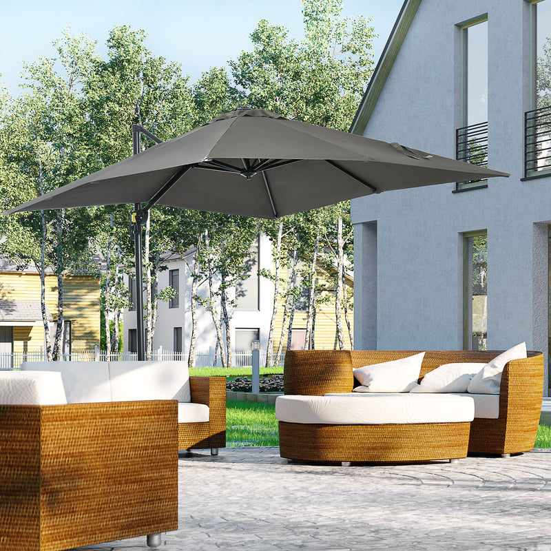 Outsunny Square Cantilever Roma Parasol 360° Rotation w/ Hand Crank, Grey