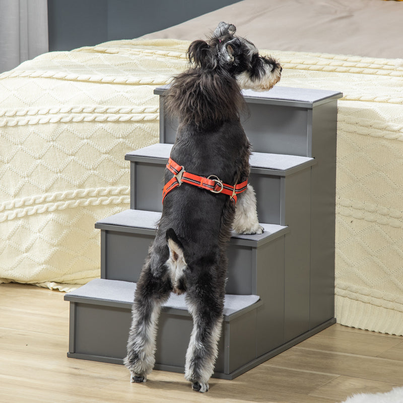 PawHut 4 Step Wooden Dog Steps Pet Stairs Cat Ladder for Bed Couch, Grey