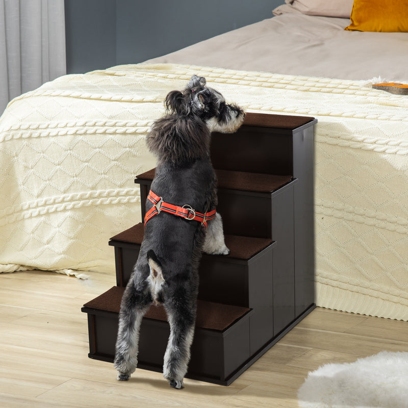 PawHut 4 Step Wooden Dog Steps Pet Stairs Cat Ladder for Bed Couch, Dark Brown