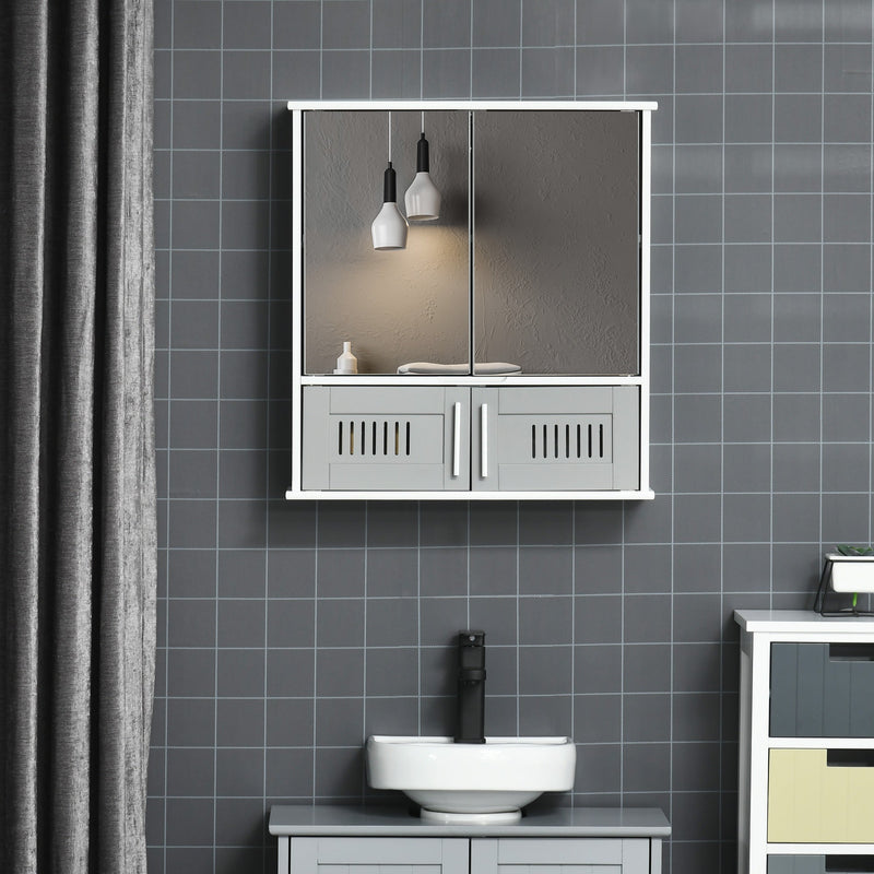 Kleankin Bathroom Mirror Cabinet Wall Mounted Storage Cupboard with Double Doors and Adjustable Shelf Bathroom Organizer Grey Unit Doors