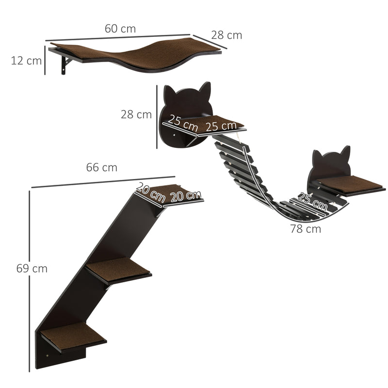 PawHut 3 PCs Wall Mounted Cat Tree Cat Shelves Climbing Shelf Set - Brown