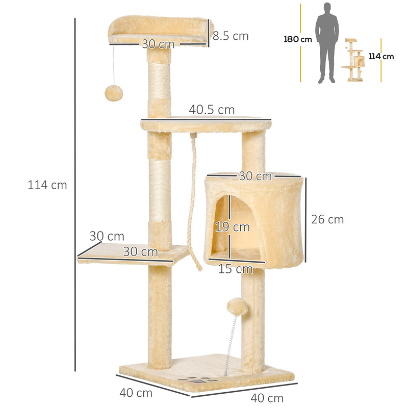 PawHut Cat Tree Activity Centre Scratching Post With Toys 4-tier Beige 114cm