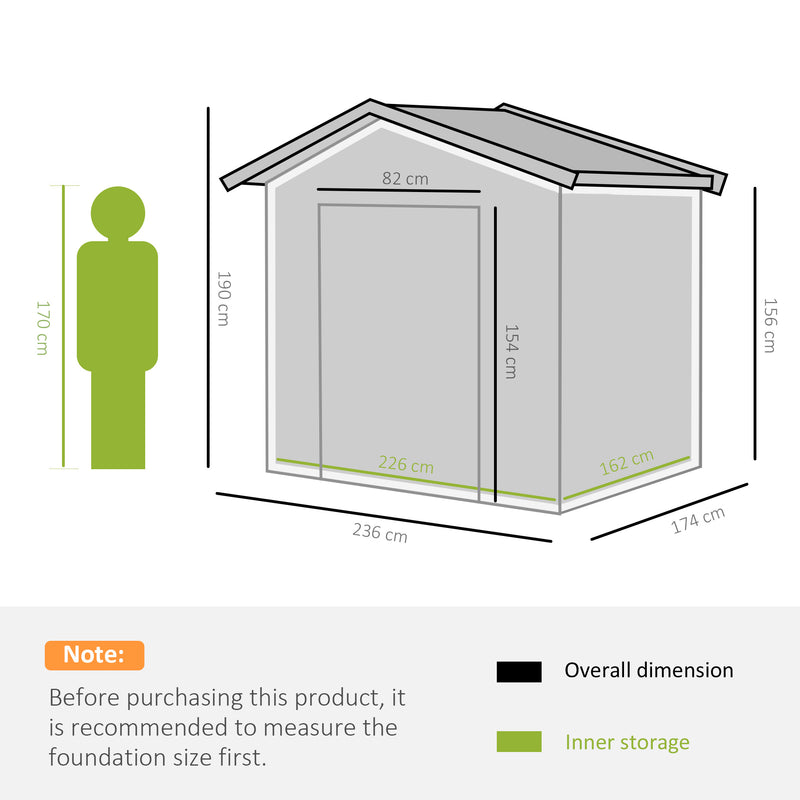 Outsunny 8 x 6ft Garden Storage Shed with Double Sliding Door Outdoor Grey