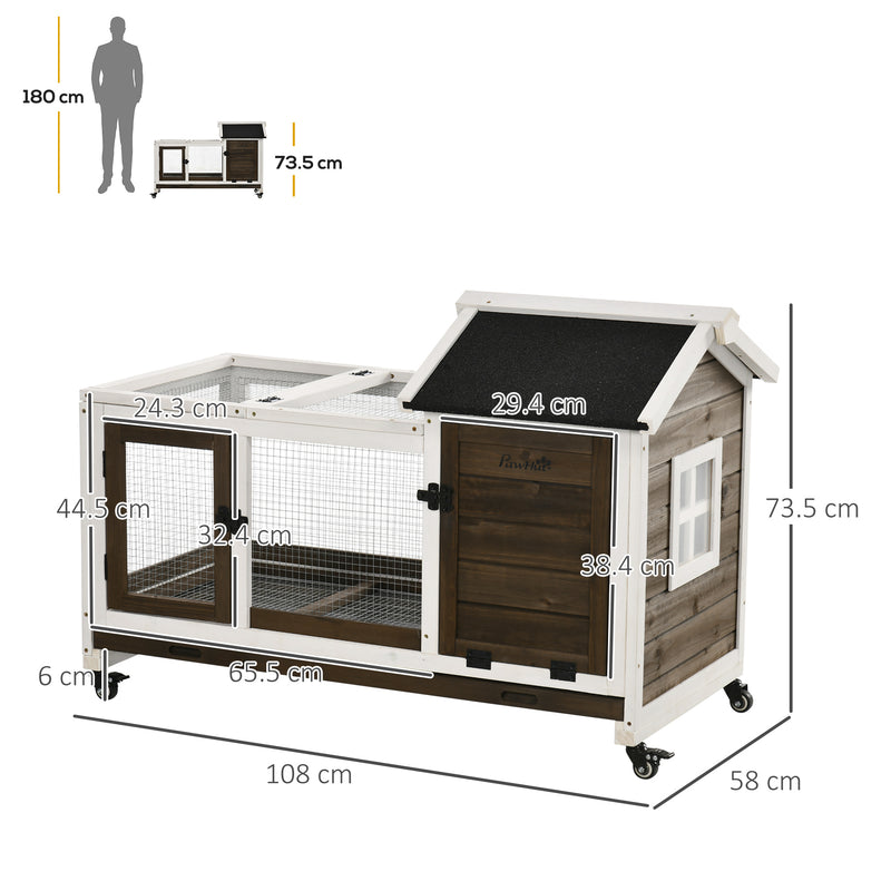 PawHut Wooden Rabbit Hutch, Small Animal  House w/ Wheels, Removable Tray