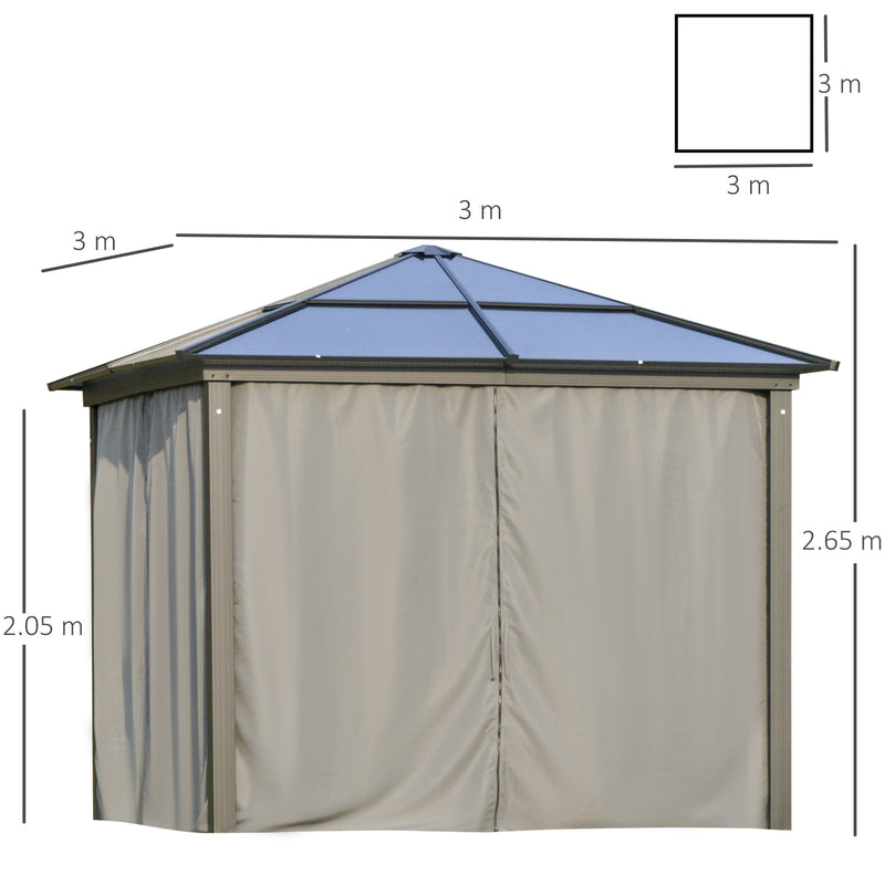 Outsunny 3x3(m) Aluminium Hardtop Gazebo Canopy w/ Polycarbonate Top, Curtains