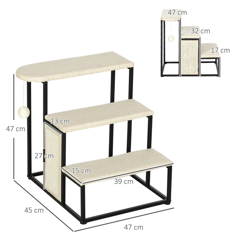 PawHut Cat Stairs w/ Sisal Scratching Board, Hanging Ball, Steel Frame - Cream