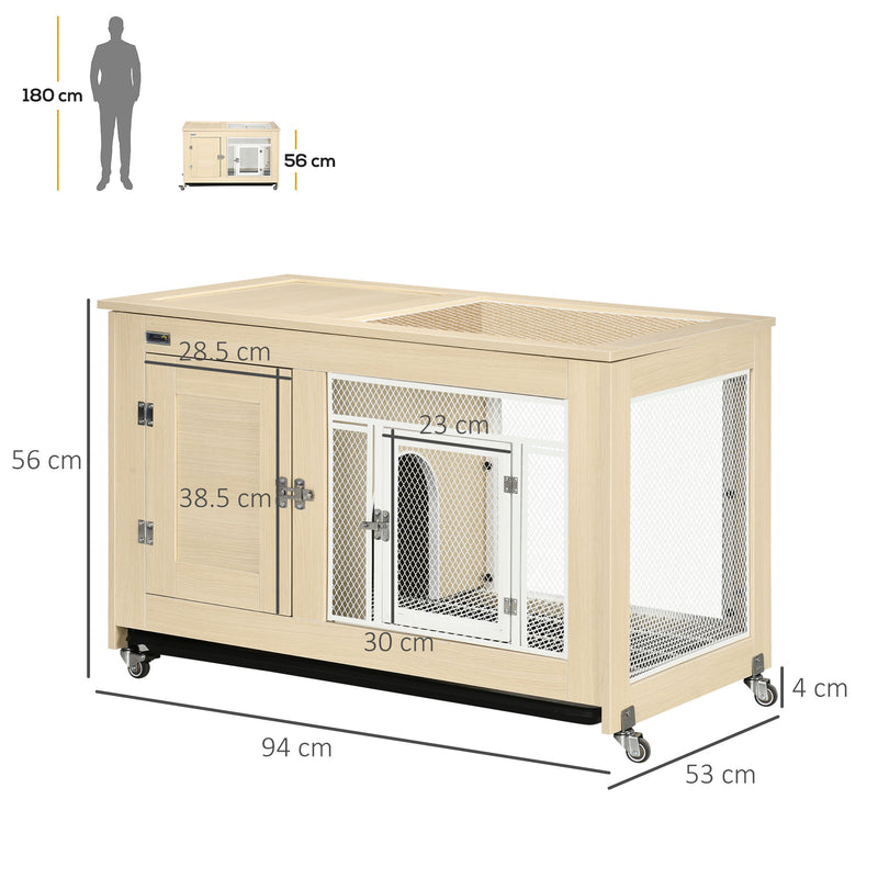 PawHut Rabbit Hutch with Wheels, Openable Roof, Removable Tray - Oak Tone