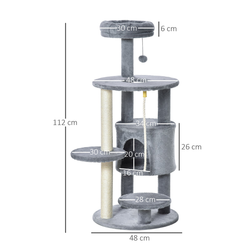 PawHut Cat Tree Tower Activity Center with Hanging Ball Toy Teasing Rope 112cm