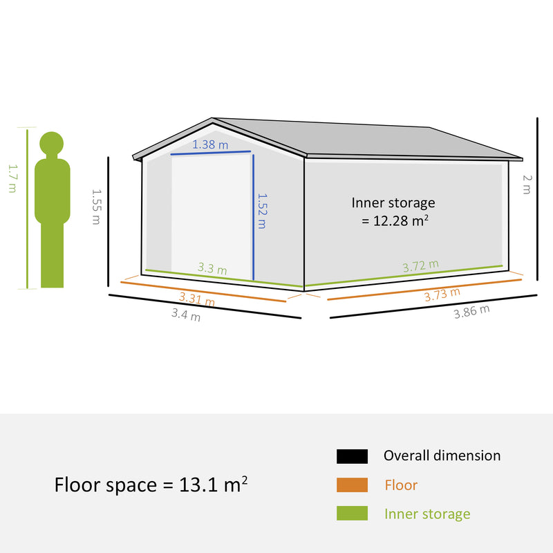 Outsunny 13 X 11ft Garden Storage Shed w/2 Doors Galvanised Metal Green