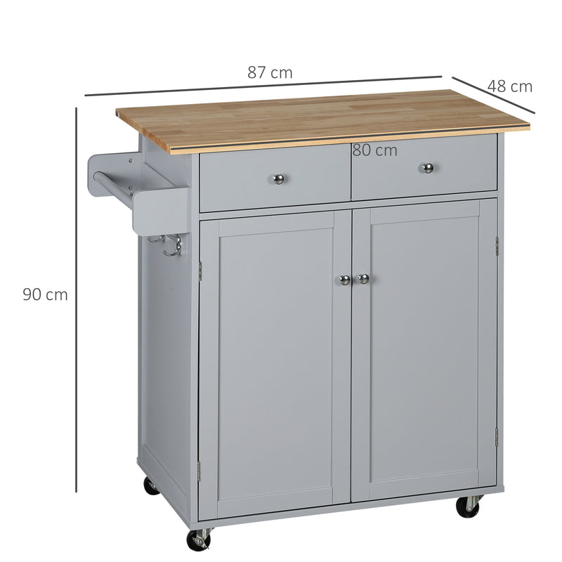 HOMCOM Rolling Kitchen Island, Utility Serving Cart with Rubber Wood Top Grey