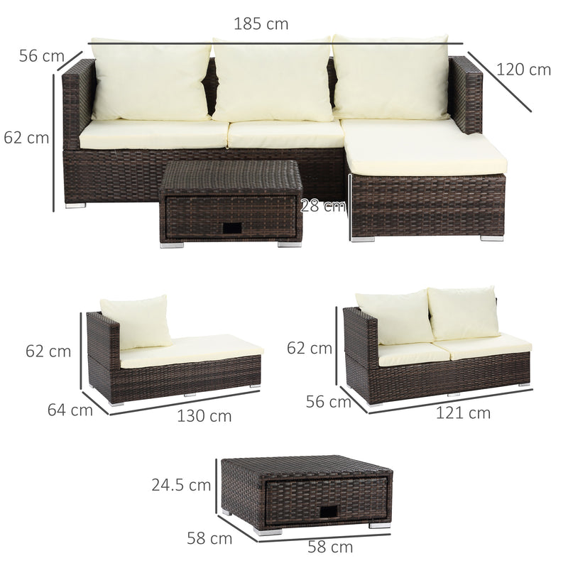 Outsunny Rattan Garden Sofa Set Storage Table Wicker Patio Lounger 4-Seater Brow