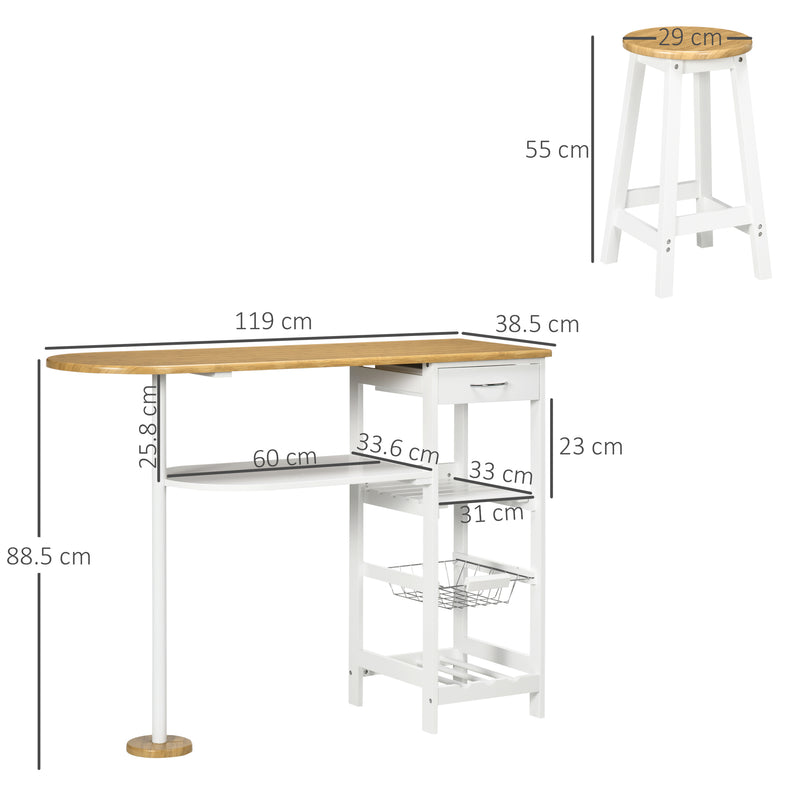 HOMCOM 3 Piece Bar Table Set with Drawer, Wire Basket and Wine Rack White