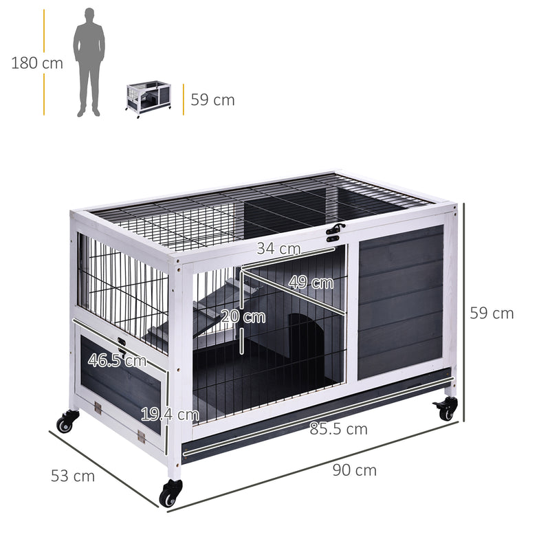 PawHut Wood Indoor Rabbit Hutch Elevated 2-Floor Guineas Pigs Cage w/ Wheels