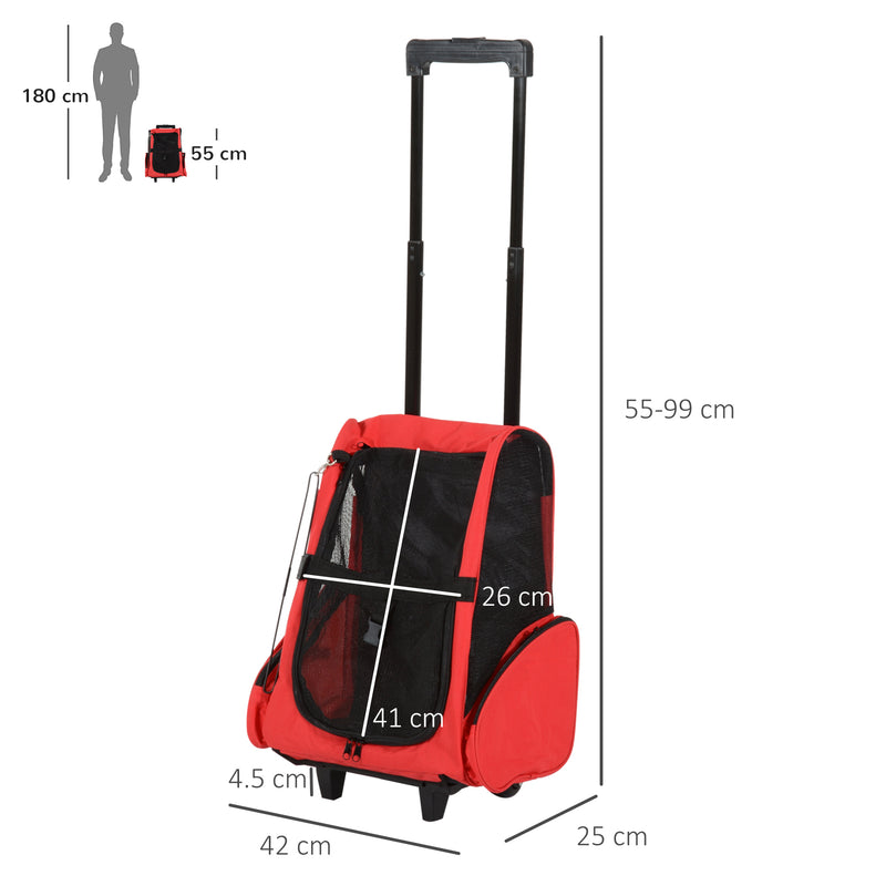 PawHut Pet Red Travel Backpack Bag Cat Puppy Dog Carrier w/ Trolley and Telescopic