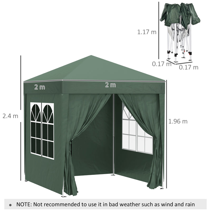 Outsunny 2mx2m Pop Up Gazebo Party Tent Canopy Marquee with Storage Bag Green