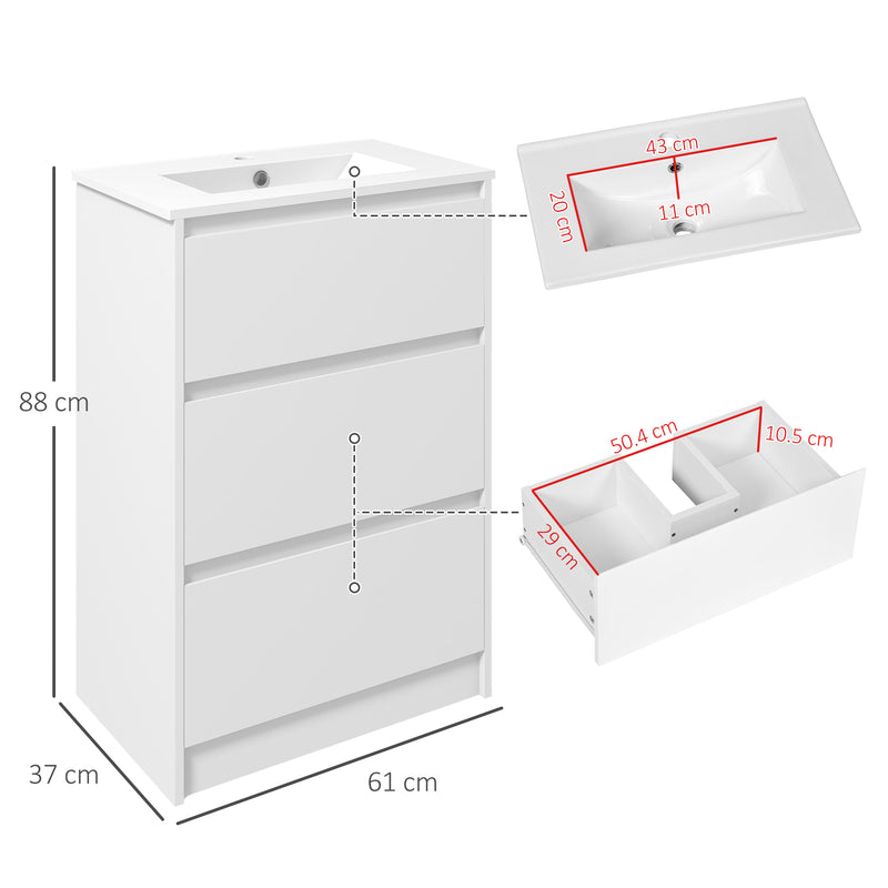 kleankin 600mm Bathroom Vanity Unit w/ 1 Tap Hole Basin Drawers Gloss White