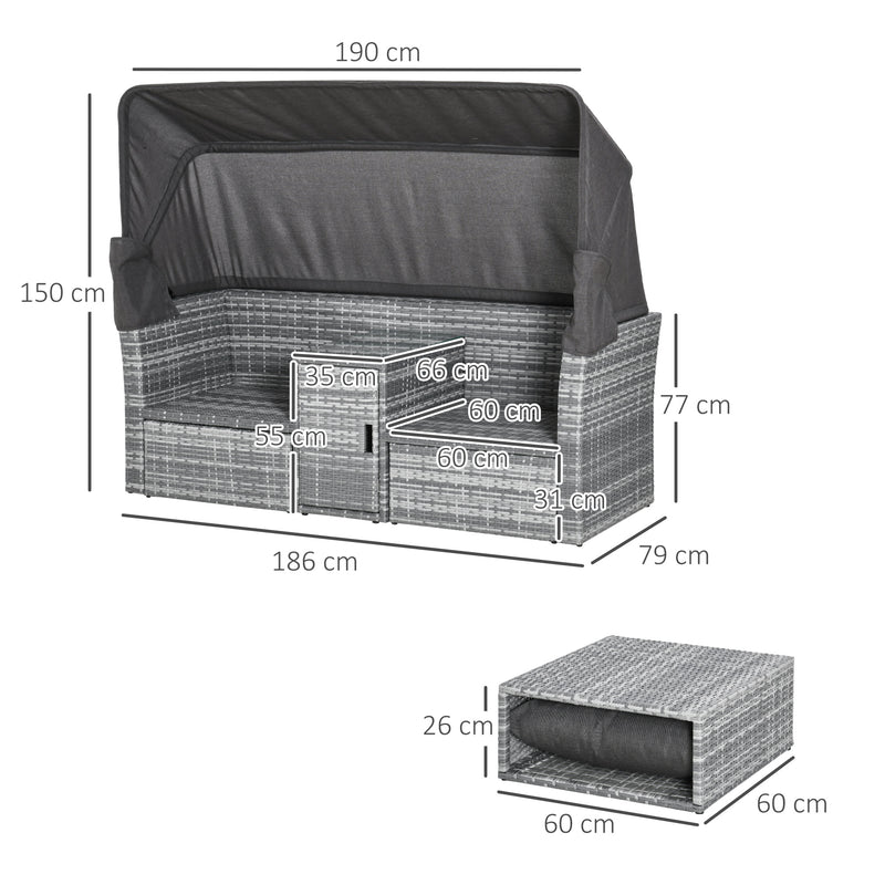 Outsunny 3 PC Outdoor Rattan Daybed Sofa Stool Table Set w/ Canopy, Cushion