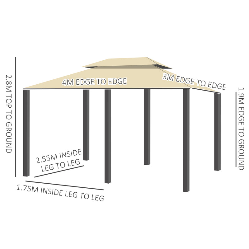 Outsunny 4 x 3(m) Outdoor Gazebo Canopy Garden Pavilion w/ LED Solar Light Khaki