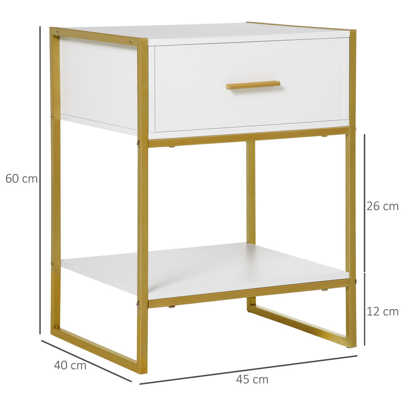 HOMCOM Modern Bedside Table Side Table Nightstand w/ Drawer Shelf White Gold