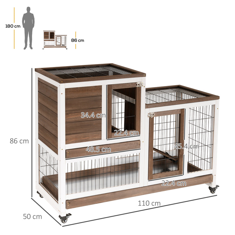 PawHut Wooden Indoor Rabbit Hutch Elevated Bunny Cage with Enclosed Run W/ Wheel