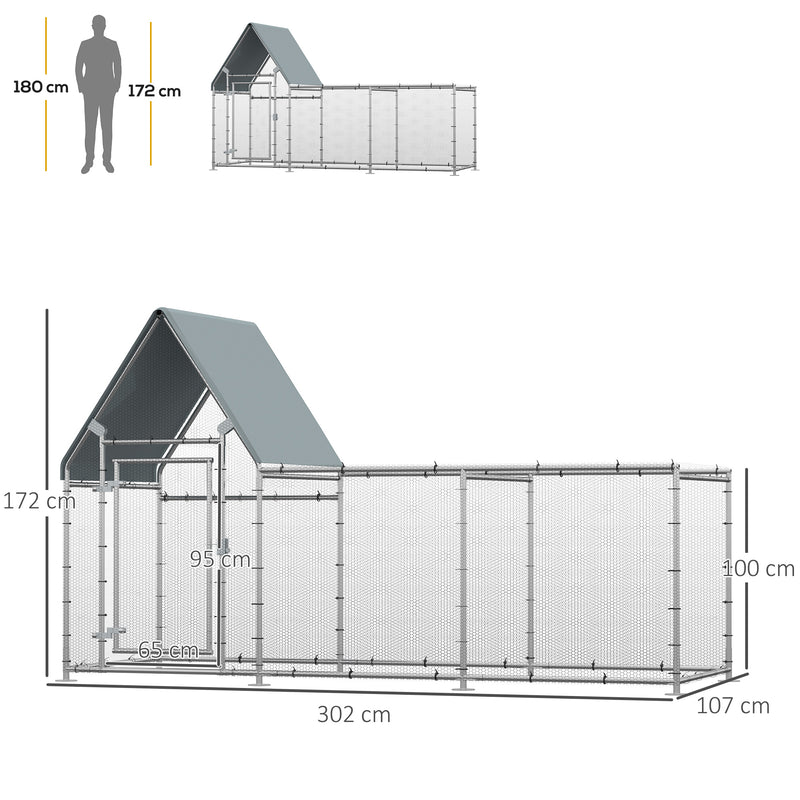 PawHut Walk In Chicken Run Large Outdoor Chicken Cage Coop w/ Cover 3 x 1 x 1.7m