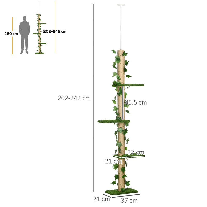 PawHut 242cm Adjustable Floor-To-Ceiling Cat Tower w/ Anti-Slip Kit - Green