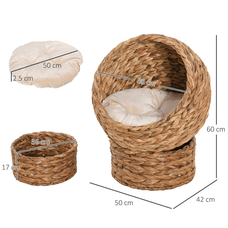 PawHut Wicker Cat House, Raised Cat Bed with Cylindrical Base, 50 x 42 x 60 cm