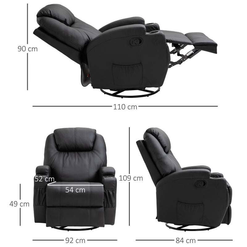HOMCOM Swivel Rocker Recliner Chair for Living Room, PU Leather Reclining  Chair with 8 Vibration Massage, Remote Control, and Side Pockets, Black