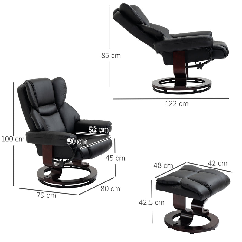 HOMCOM PU Leather Manual Reclining Armchair Footstool Set Padded Seat Black