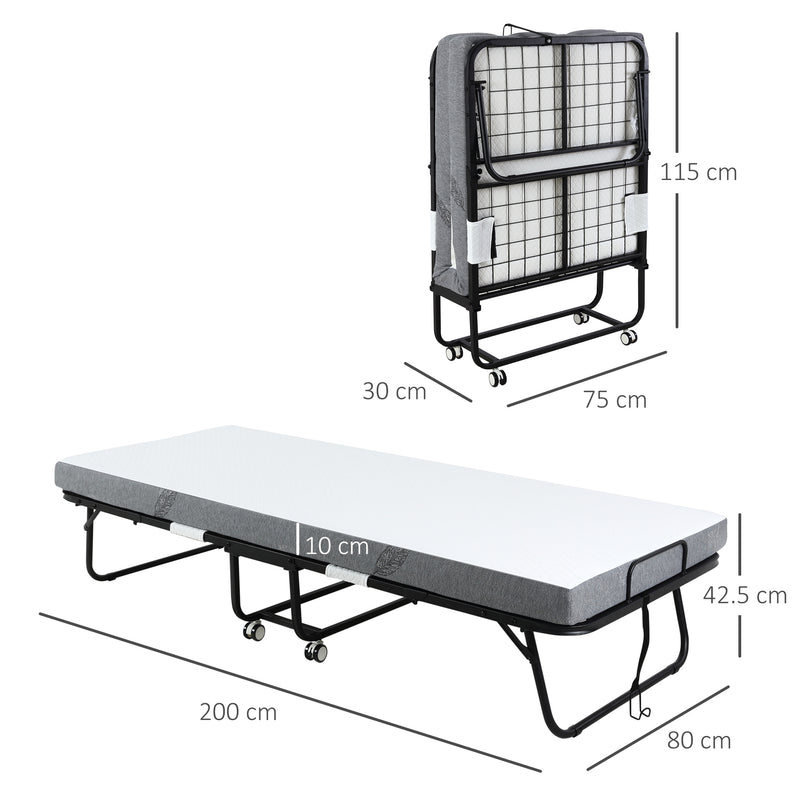 HOMCOM Folding Bed with 10cm Mattress, Portable Foldable Guest Bed with Wheels