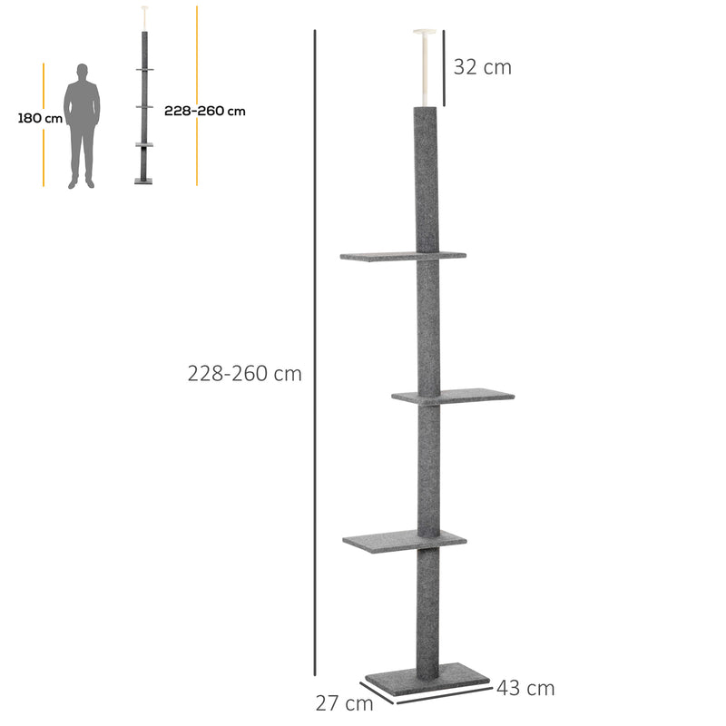 PawHut 260cm Floor To Ceiling Cat Tree Kitten Tower w/ Adjustable Height - Grey