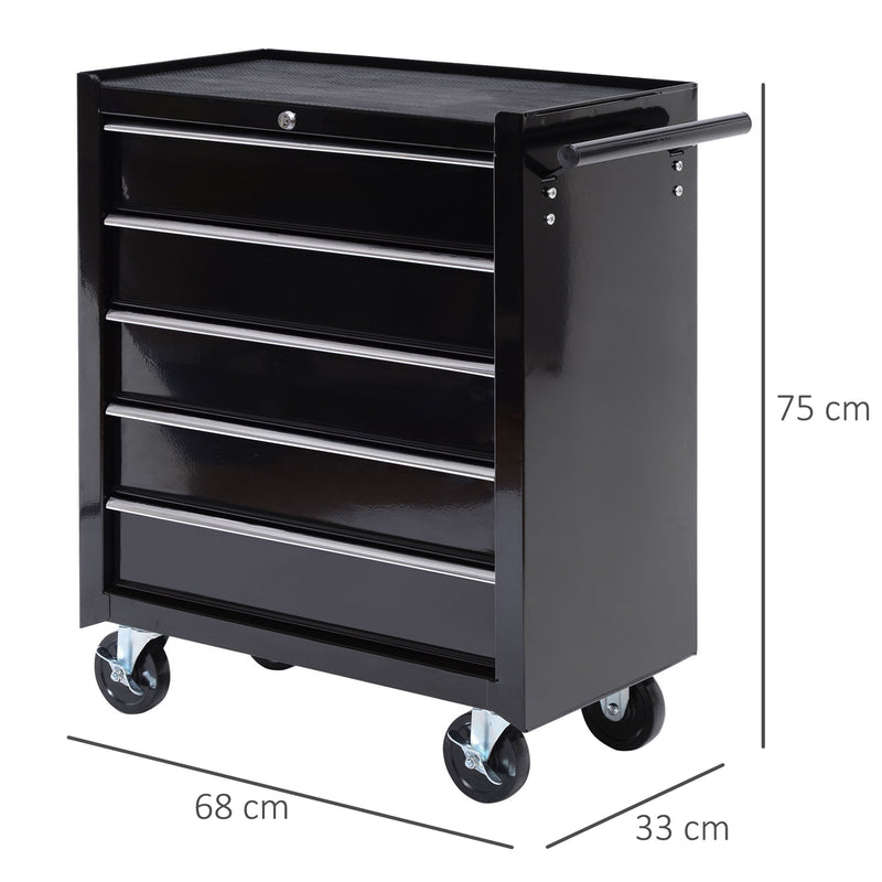 HOMCOM Steel 5-Drawer Tool Storage Cabinet Lockable Wheels Handle 2 Keys Garage