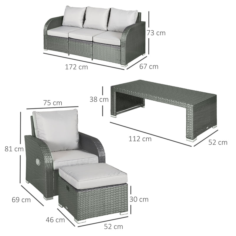 Outsunny 6pc Padded Outdoor Rattan Wicker 3-Seat Sofa Recliner Footstool Table