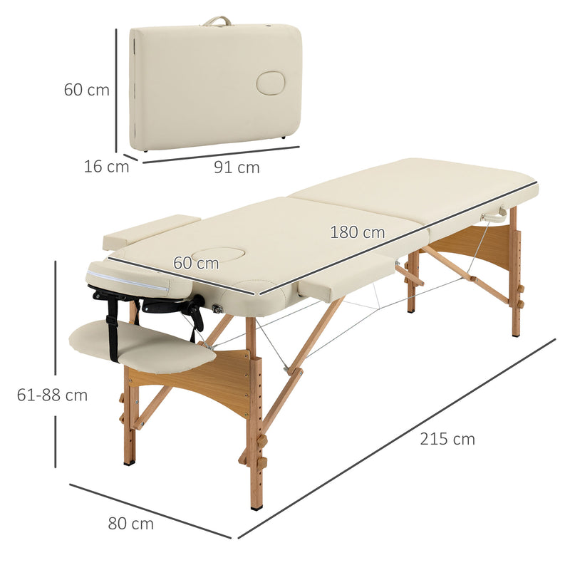 HOMCOM Wooden Folding Spa Beauty Massage Table w/ 2 Sections, Carry Bag, Cream