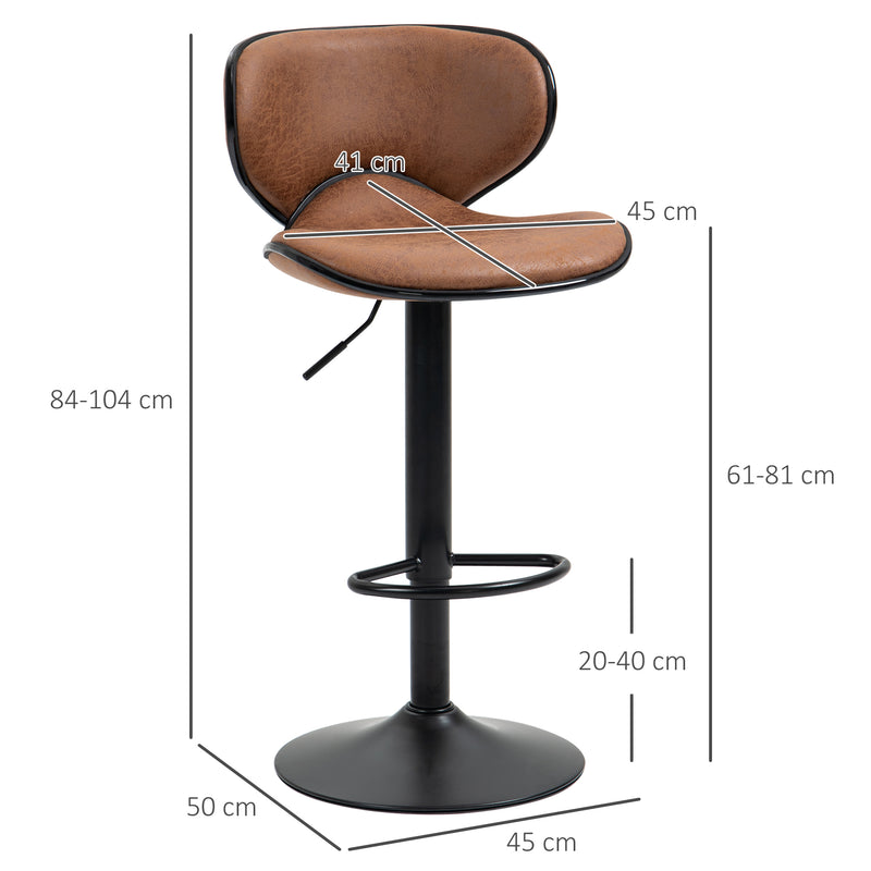 HOMCOM Bar Stool Set of 2 Microfiber Cloth Adjustable Armless Chairs Brown