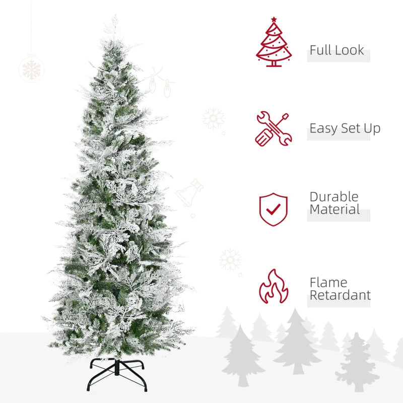 HOMCOM Christmas Tree Pencil Snow Flocked 6' with Realistic Cypress Branches